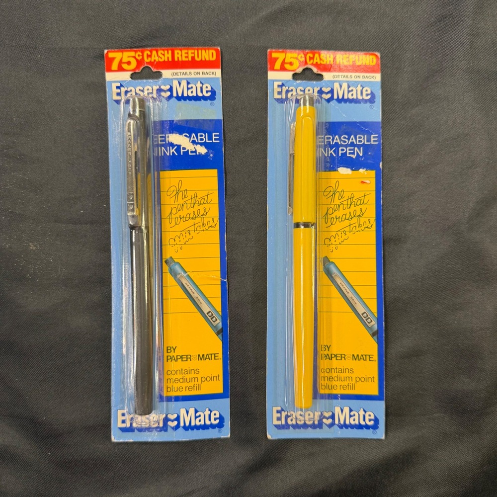 Vintage 1979 Paper Mate Eraser Mate Erasable Ink Pens Blue Medium Point Lot of 2